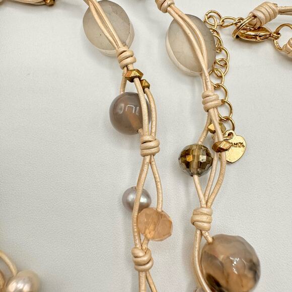 Nakamol Knotted Pearlized Leather Glass Bead Necklace Gray Tones Neutral Boho - Picture 6 of 14